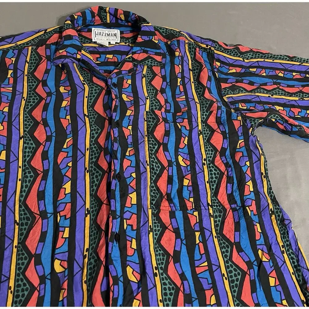 Vintage Jazzman Mens M 100% Silk Shirt Abstract Geometric 80s 90s Button Up